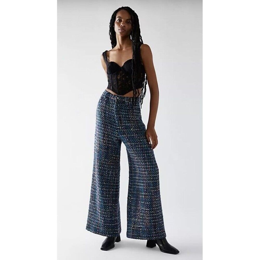 $587 NWT ANNA SUI Wide Leg Tweed Pants High Waisted Blue Multicolored Size 2